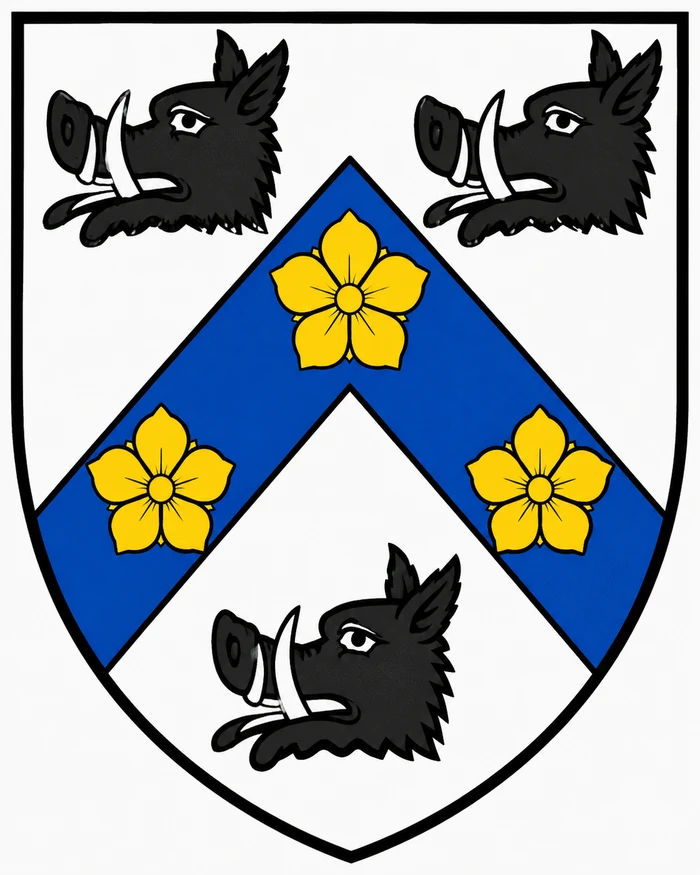 Agmondesham coat of arms with three black boars' heads surrounding a blue chevron charged with three gold cinquefoils on a silver shield