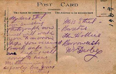 A postcard sent by Arthur White to Ethel Baxter during the war, addressed to The Hollies, Borrowash