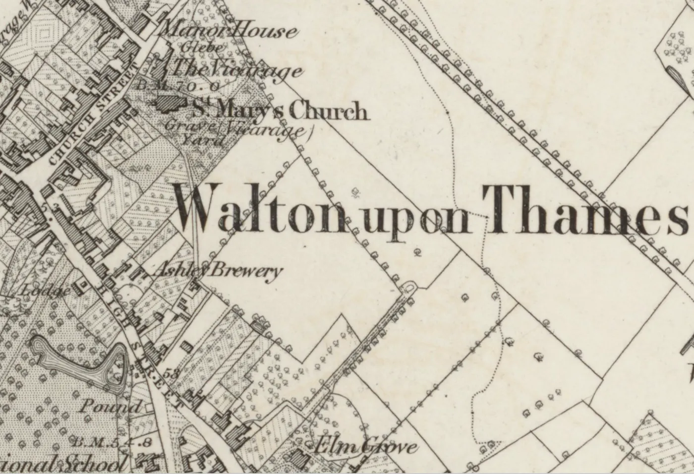 Detail of an Ordnance Survey six-inch map of Walton upon Thames, with Ashley Brewery labelled beside the High Street, Church Street and St Mary's Church to the north, and Elm Grove to the south