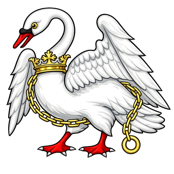 White heraldic Bohun swan with red beak and feet, wearing a gold coronet and golden chain