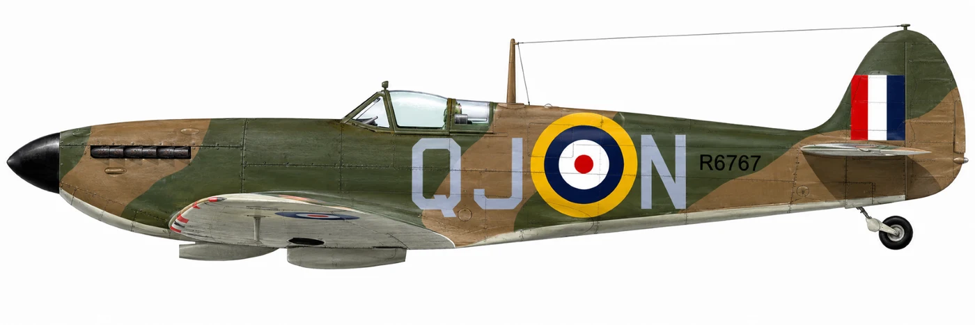 Illustration of Supermarine Spitfire R6767 in No. 92 Squadron markings, code letters QJ-N