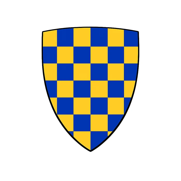Gold and blue chequered heraldic shield representing the arms of the de Warenne Earls of Surrey