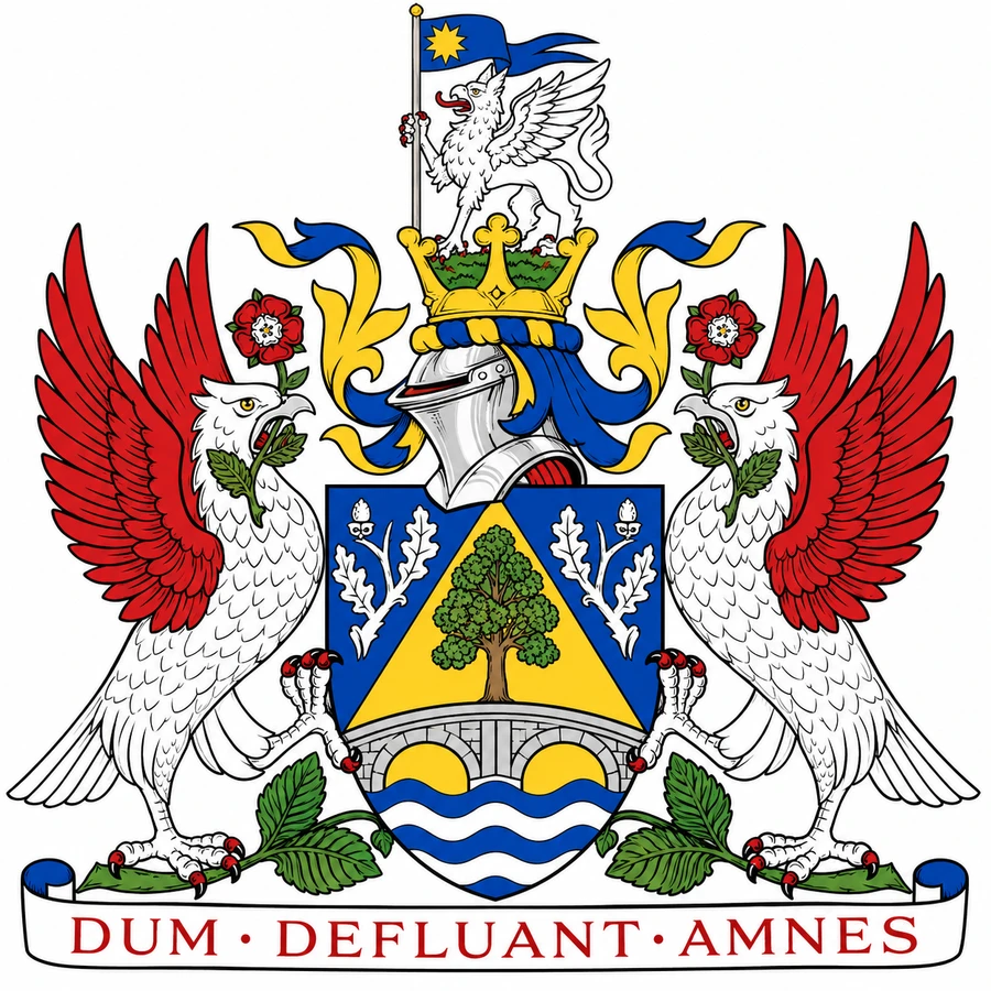 Coat of arms of the Borough of Elmbridge, showing an elm tree above a two-arched bridge and river, supported by two silver eagles with red wings, beneath a griffin crest