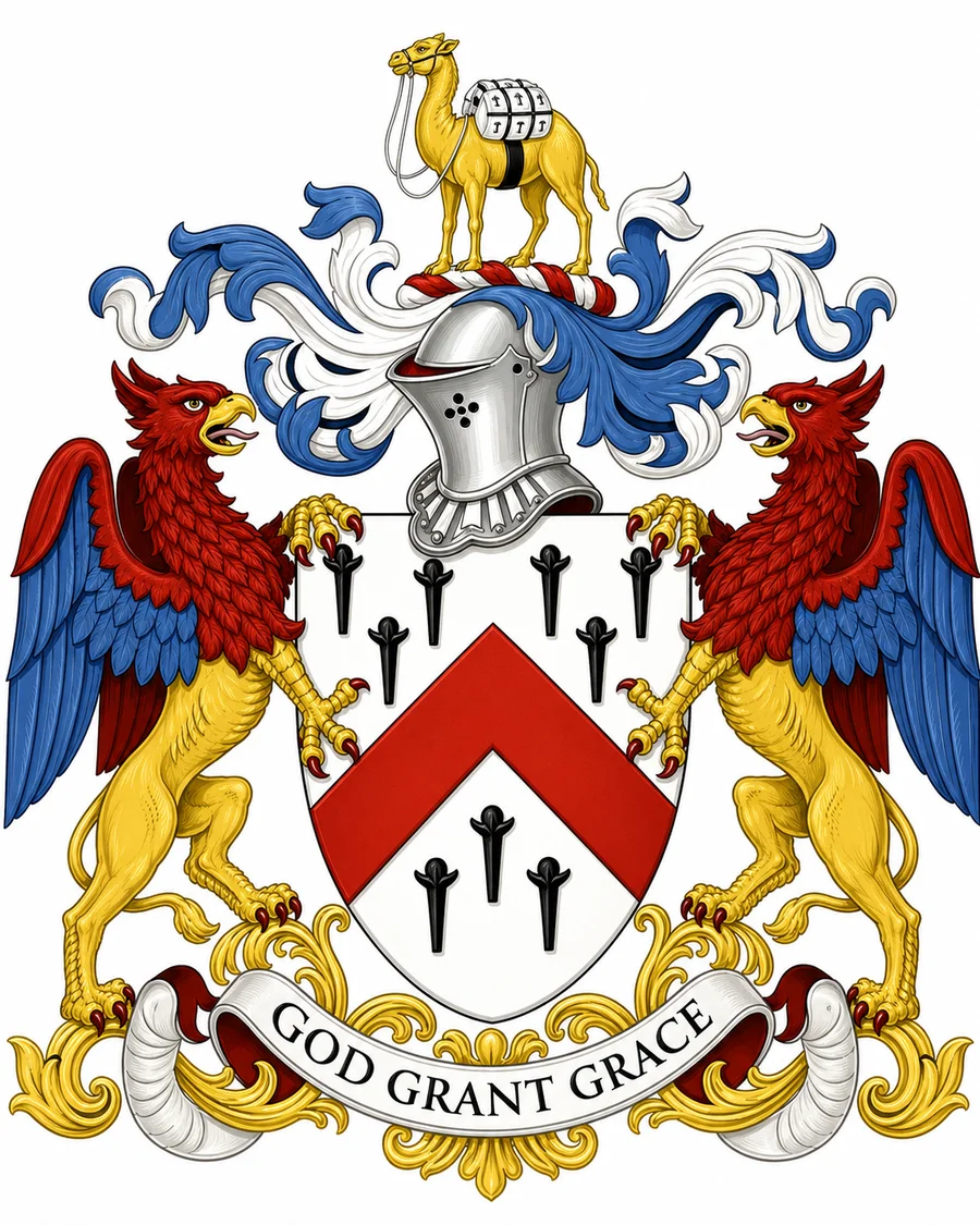 Illustrative recreation of the full armorial achievement of the Worshipful Company of Grocers, with griffin supporters, a camel crest, and the motto GOD GRANT GRACE