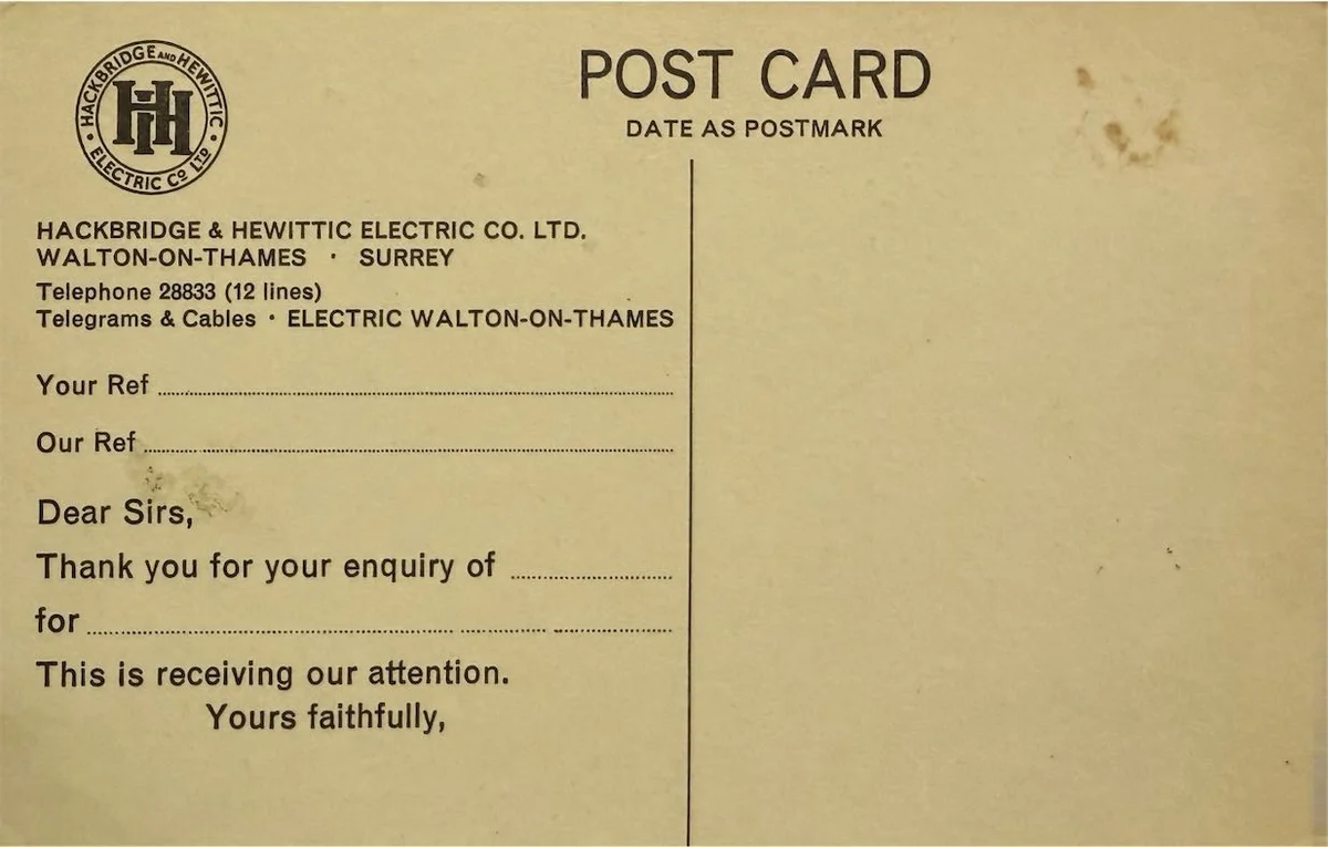 Reverse of a Hackbridge and Hewittic Electric Co Ltd company postcard, printed for enquiry acknowledgements