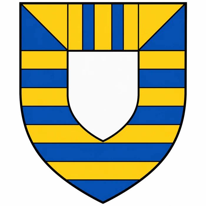 Mortimer coat of arms with gold and blue horizontal bars, a gold chief patterned with blue pales and corner gyrons, and a central silver inescutcheon