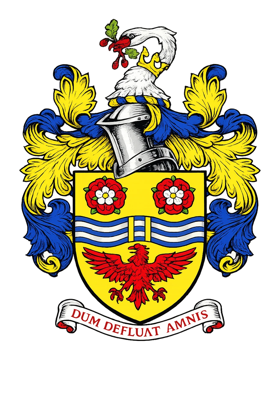 Coat of arms of Walton and Weybridge Urban District Council, featuring two Tudor roses, blue and silver river waves, a red eagle, and a crowned swan crest holding an oak sprig