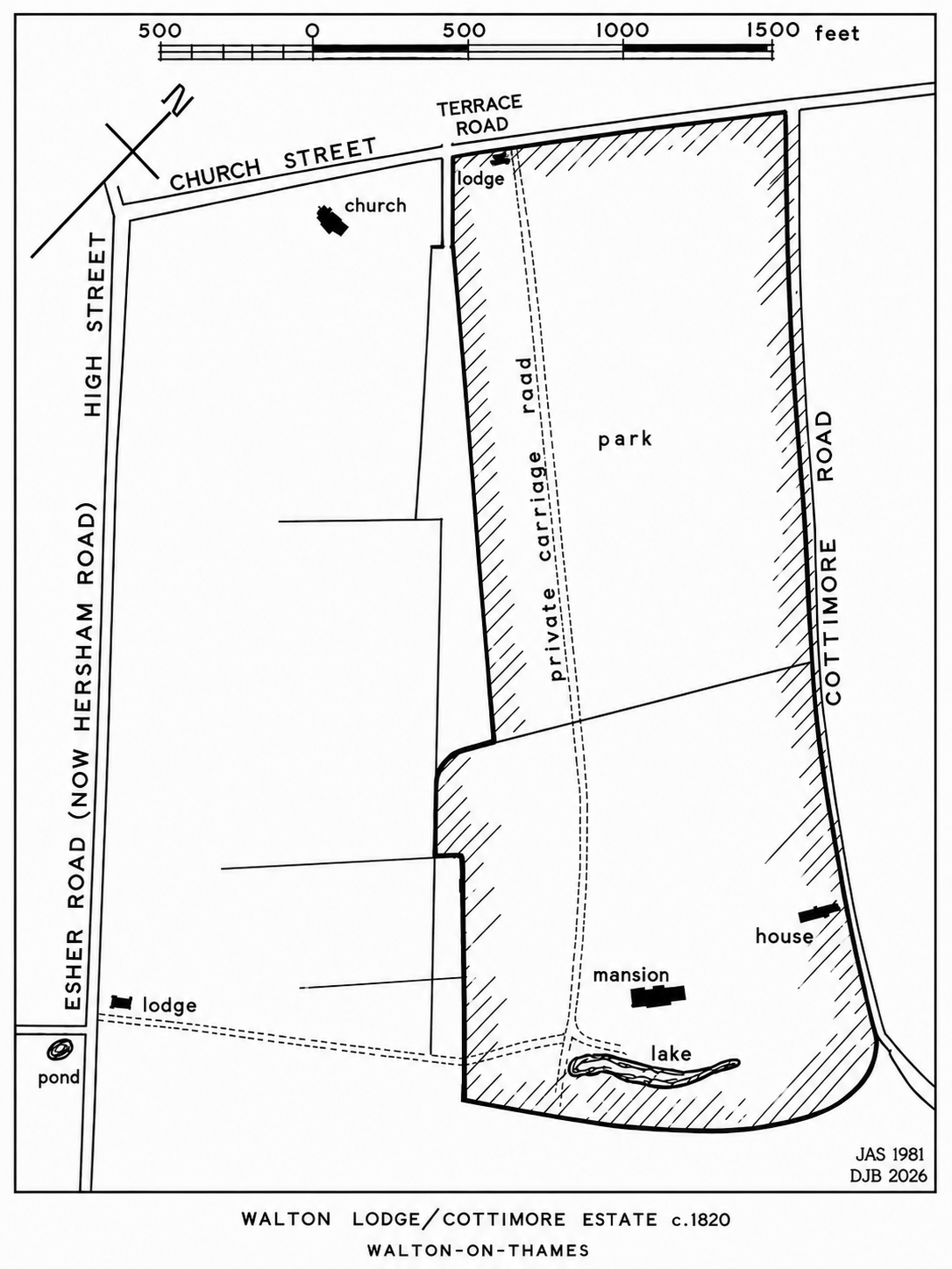 Map of the Walton Lodge and Cottimore estate around 1820, showing the private carriage road running from Terrace Road across the park past the lake to Walton Lodge mansion, with Cottimore House, Church Street, Esher Road (now Hersham Road) and Cottimore Road